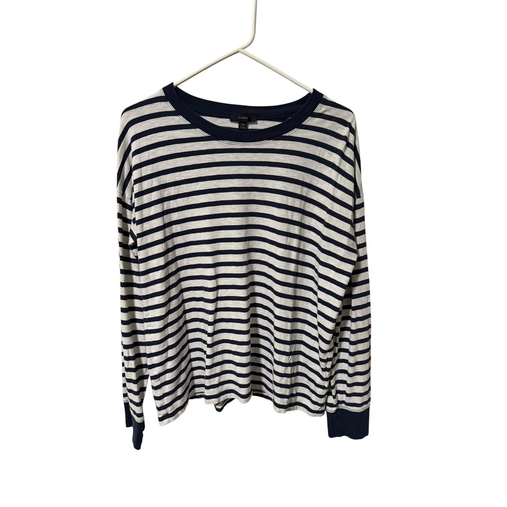 J.Crew Size Medium Navy Blue White Striped Long Sleeve Cotton T-Shirt